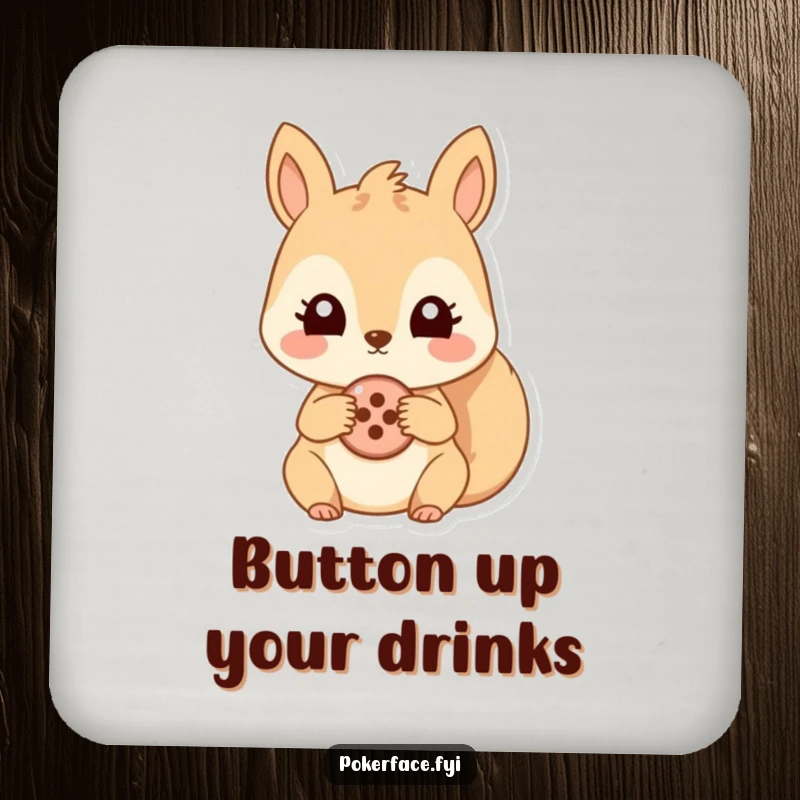 Funny drink coaster featuring a humorous illustration of a squirrel holding a button, its eyes wide and fixed. Protects surfaces.