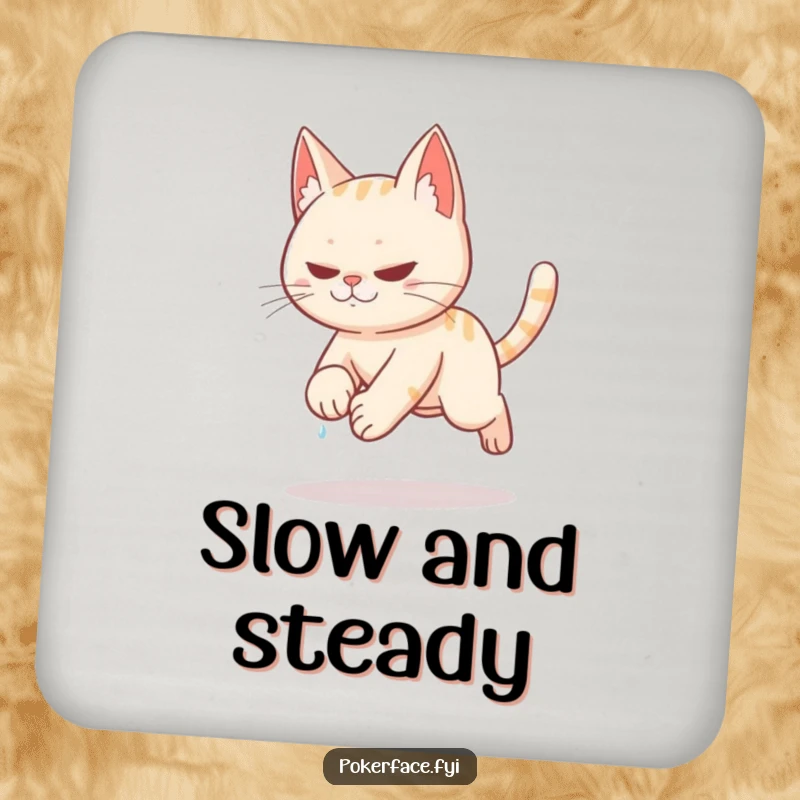 Funny stealthy cat tiptoeing slowly with sweat on brow on a drink coaster.