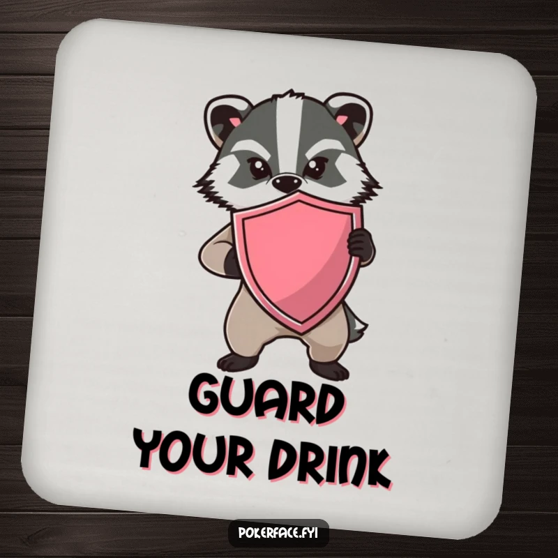 Funny Badger Shield Coaster with a determined badger holding a shield and no expression, a humorous surface protector.