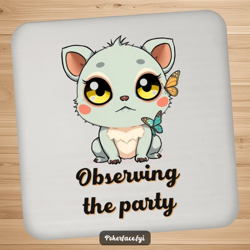 Funny Staring Creature Coaster: Creature with large eyes watching a butterfly, designed to protect surfaces with funny calm observation.