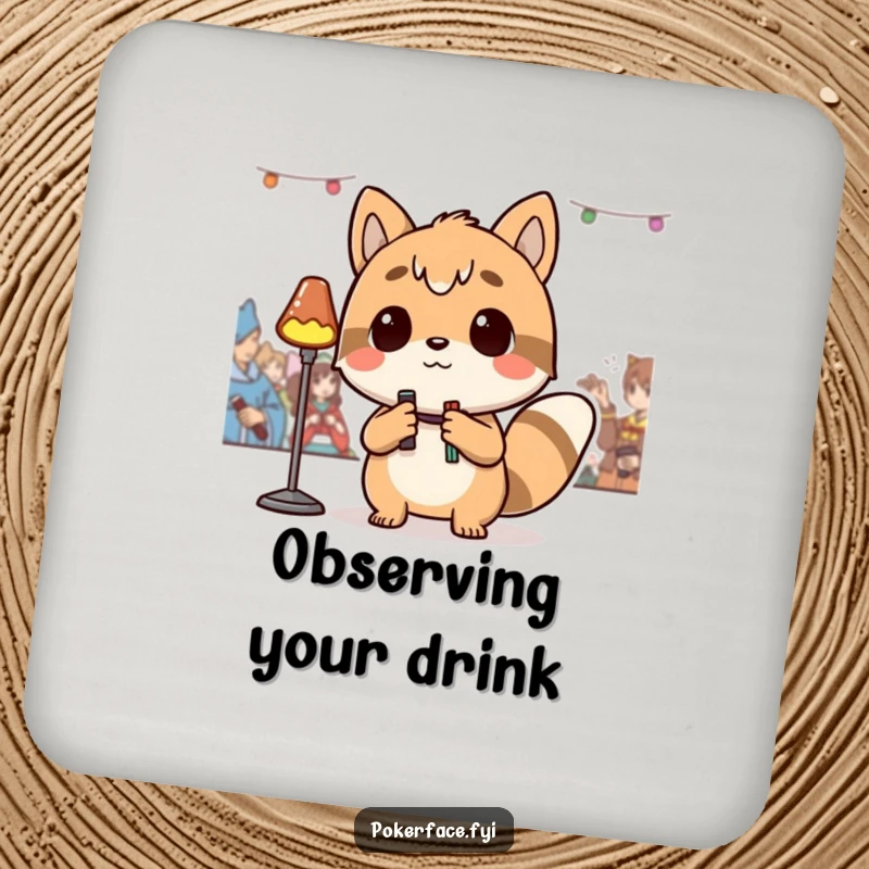 Funny Coaster showcasing a detached animal character observing an event with a neutral gaze, adding a touch of calm observation to your table, a funny gift.