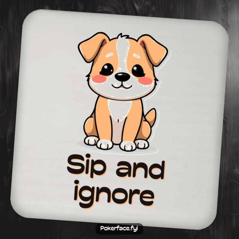 Funny Drink Coaster: A Dog Character with an Unexcited Tail Wag, Showing Mild Disinterest.