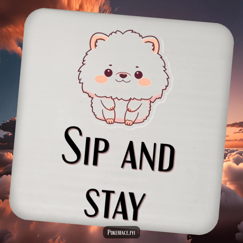 Funny drink coasters with a fluffy animal character in complete stillness and no emotion, adding humorous, tranquil protection.