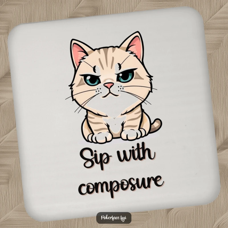 Funny Coaster: Stoic cat character with perfectly still whiskers, protecting tables with feline serenity and a humorous, quiet charm.