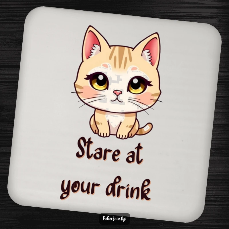 Funny drink coaster with a cat character with wide, unblinking eyes fixed in a direct, unwavering, and intense stare.