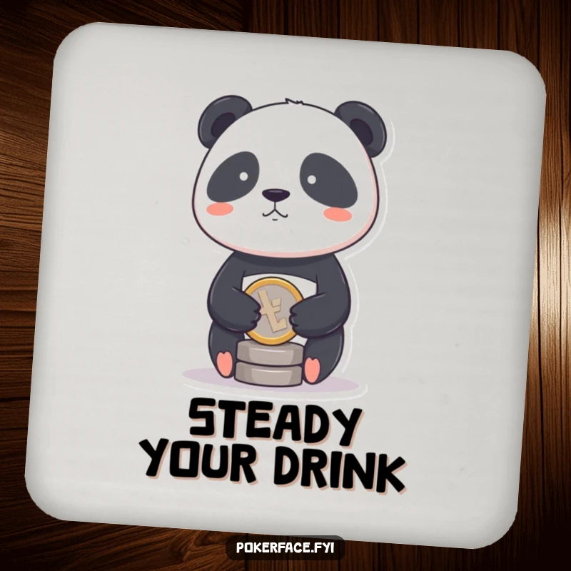 Funny Panda Coin Coaster with a panda having a stoic face balancing a single coin, a humorous surface protector.