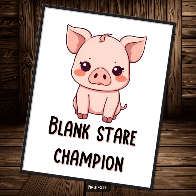 Funny Poster: Adorable Kawaii piglet with a straight-faced, emotionless gaze, a piece of minimalist humorous art.