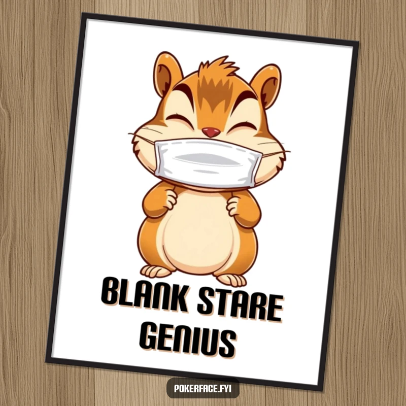 Funny poster of a giggling chipmunk character with still paws, wearing a blank mask, creating mysterious and humorous wall art.
