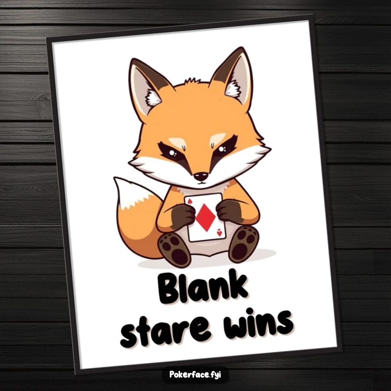 Funny poster capturing a stoic fox character with a blank stare, focused on playing a single card, exuding mysterious calm.