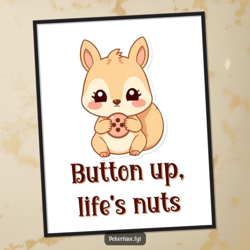 Funny poster print of a cheerful squirrel character with unwavering eyes, holding a single, solitary button. Humorous wall art.