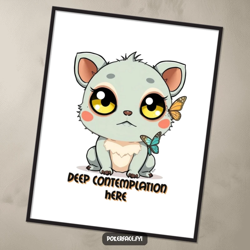 Funny Staring Creature Poster: Creature with large unblinking eyes watching a butterfly, a funny and peaceful art piece.