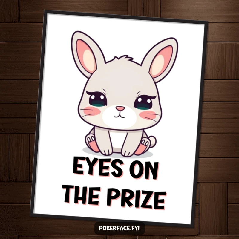 Funny poster art of a calm rabbit with unblinking eyes, adding a touch of quiet humor and captivating intensity to any room.