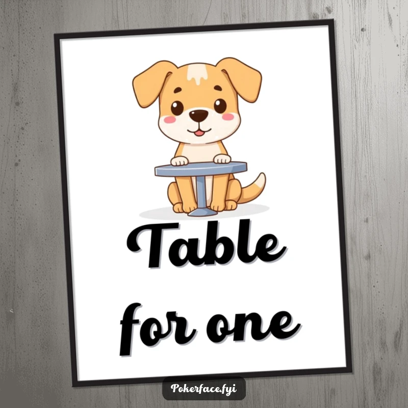 Funny dog with a blank face sitting at a table, presented as a quirky poster for wall art.