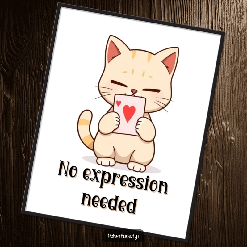 Funny poster capturing a calm cat character holding a single playing card with a blank, unexpressive face, exuding quiet mystery.