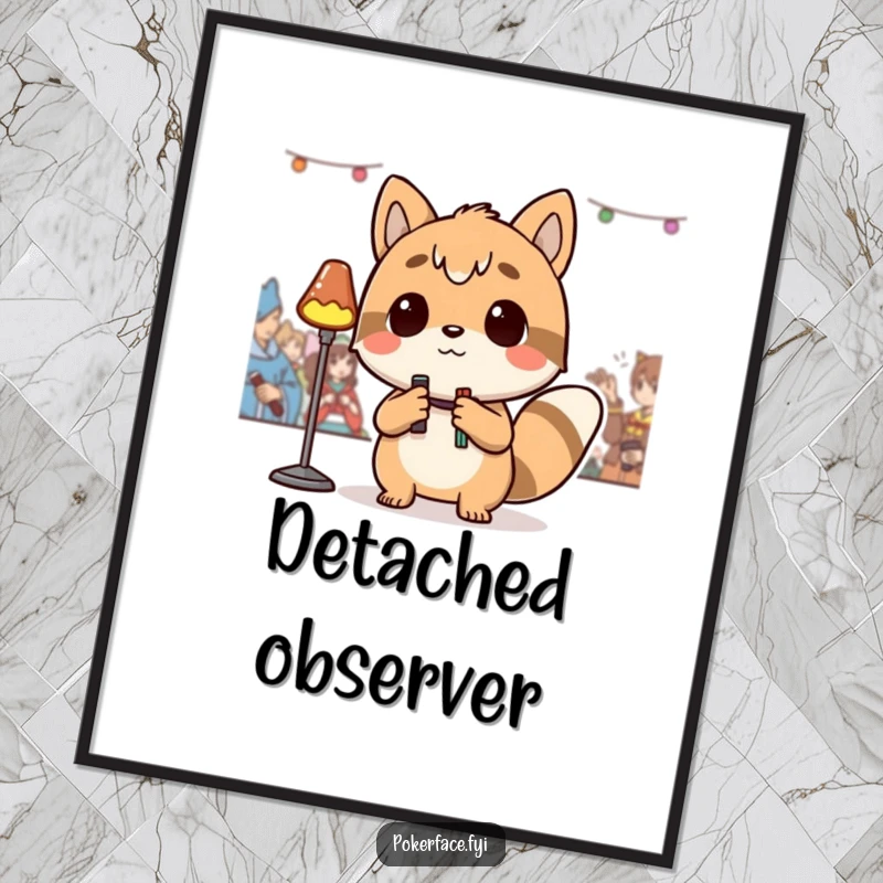 Funny Poster of a detached animal character observing an event with a neutral gaze, adding a touch of calm humor to any room, a funny gift.