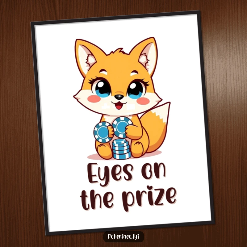 Funny fox character with unwavering eyes, holding poker chips, displayed as an intense poster for wall art.