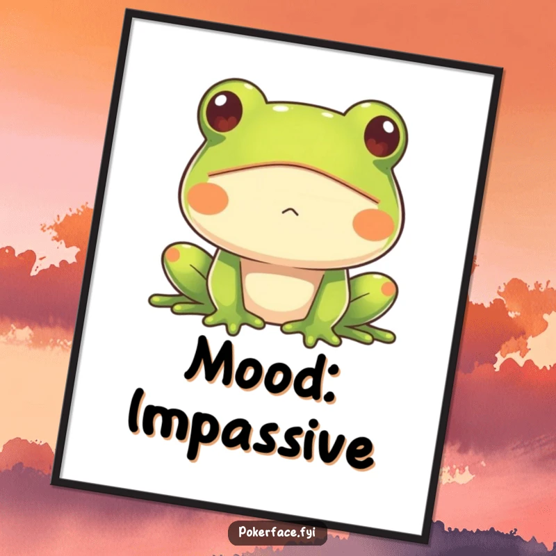 Funny Frog Poster featuring an impassive frog, showcasing a hilariously blank expression and deadpan demeanor, perfect for adding quirky wall art.