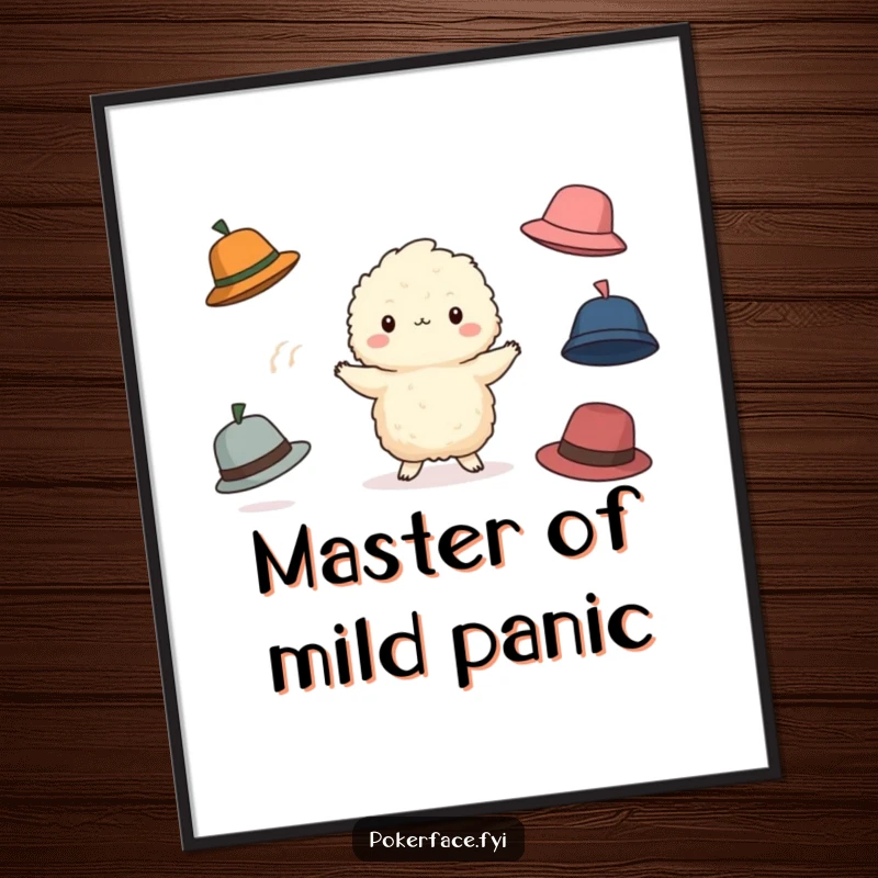 Funny Juggling Creature Poster: Fluffy character blankly juggling hats, a humorous and charming piece of wall art.