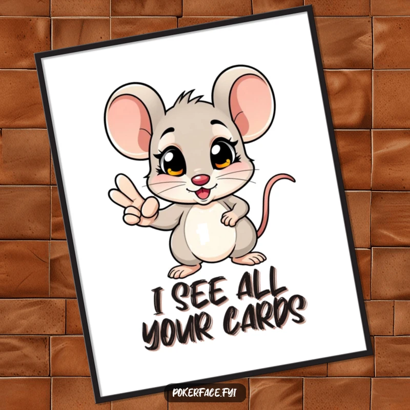 Funny poster of a mouse with a winning poker hand, its unblinking eyes fixed on the prize, embodying sheer luck.