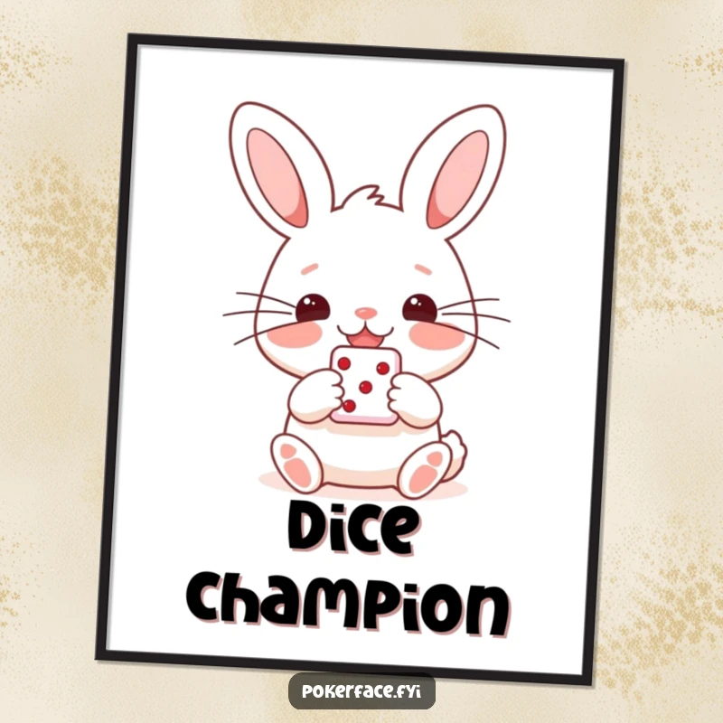 Funny poster of a happy rabbit character with straight whiskers, holding a single die, creating cheerful and lucky wall art.