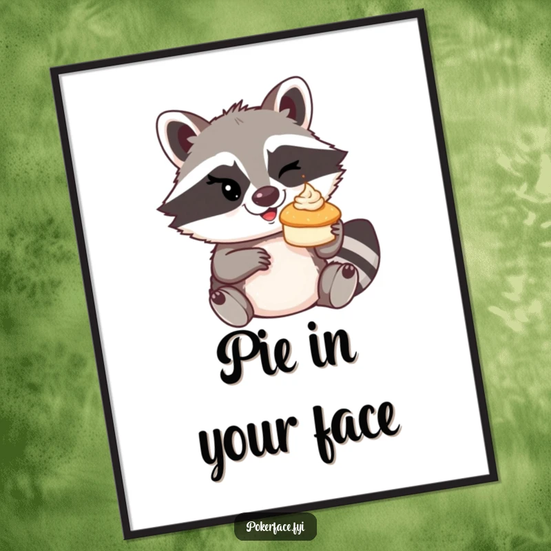 Funny mischievous raccoon winking, about to toss a tiny cream pie on a poster.