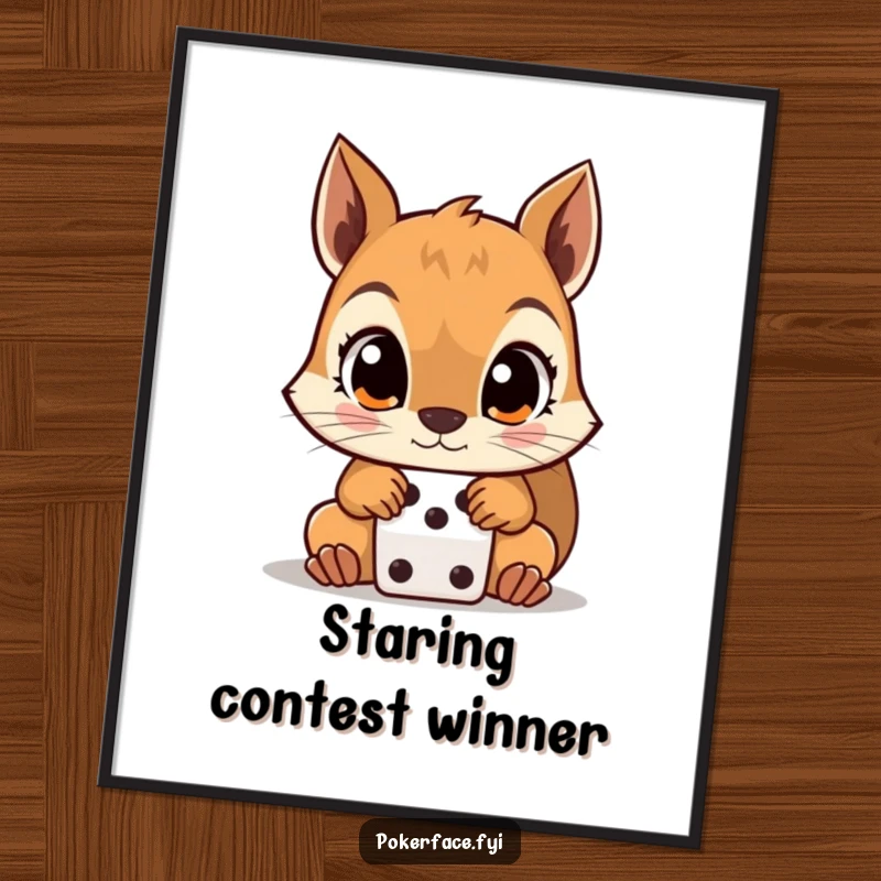 Funny Squirrel Poster capturing a creature with wide, unblinking eyes fixed on a dice, representing humorous contemplation.