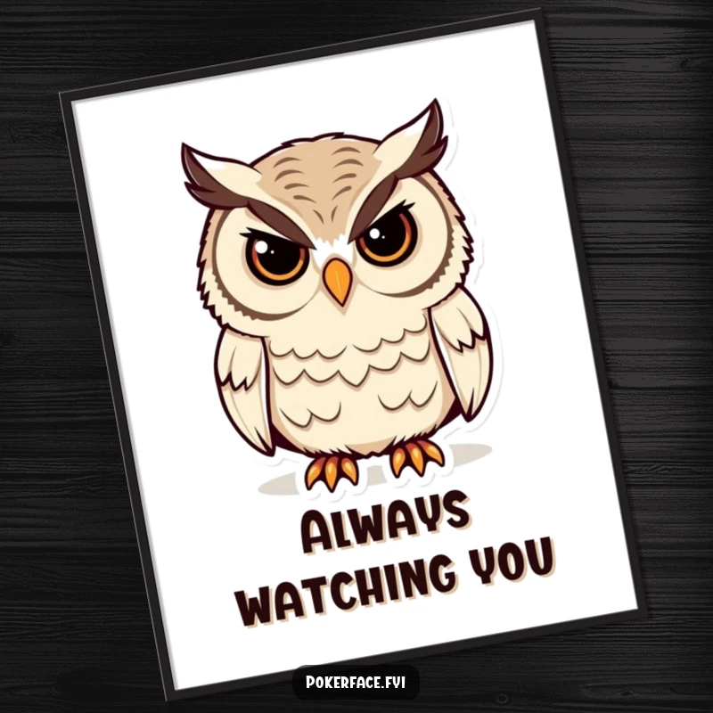 Funny Owl Poster featuring a stoic owl with unblinking eyes, exuding humorous, quiet wisdom, a perfect framed funny gift for home decor.