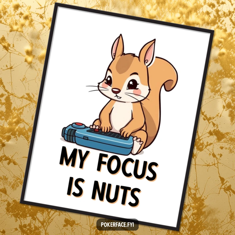 Funny poster of a squirrel sitting rigidly focused on a poker game, its eyes locked on victory and strategy.