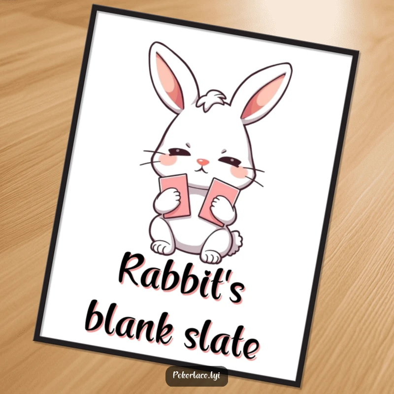 Funny Poster: Emotionless rabbit character holding playing cards, exuding a humorous poker face and stillness for intriguing wall art.