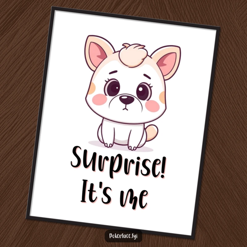 Funny surprised animal poster featuring a pet with wide, staring eyes and a perfectly straight mouth, depicting silent shock.