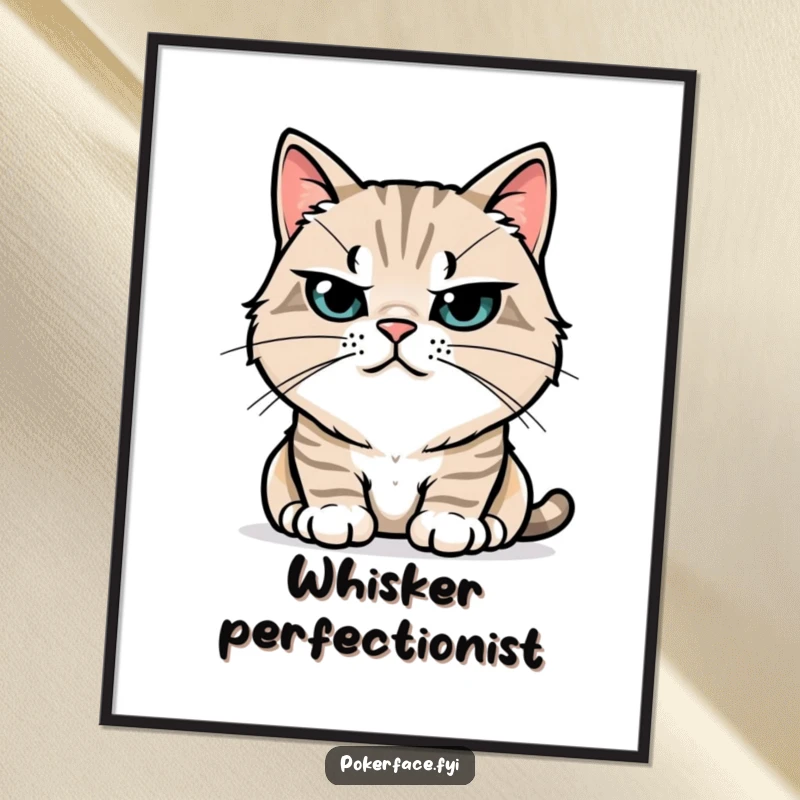 Funny Poster: Stoic cat character with perfectly still whiskers, exuding a humorous calm and dignified presence for sophisticated wall art.