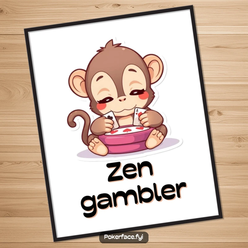 Funny Kawaii Monkey Poster: A kawaii monkey with serene eyes observing a card game, adding a touch of thoughtful humor to wall decor.