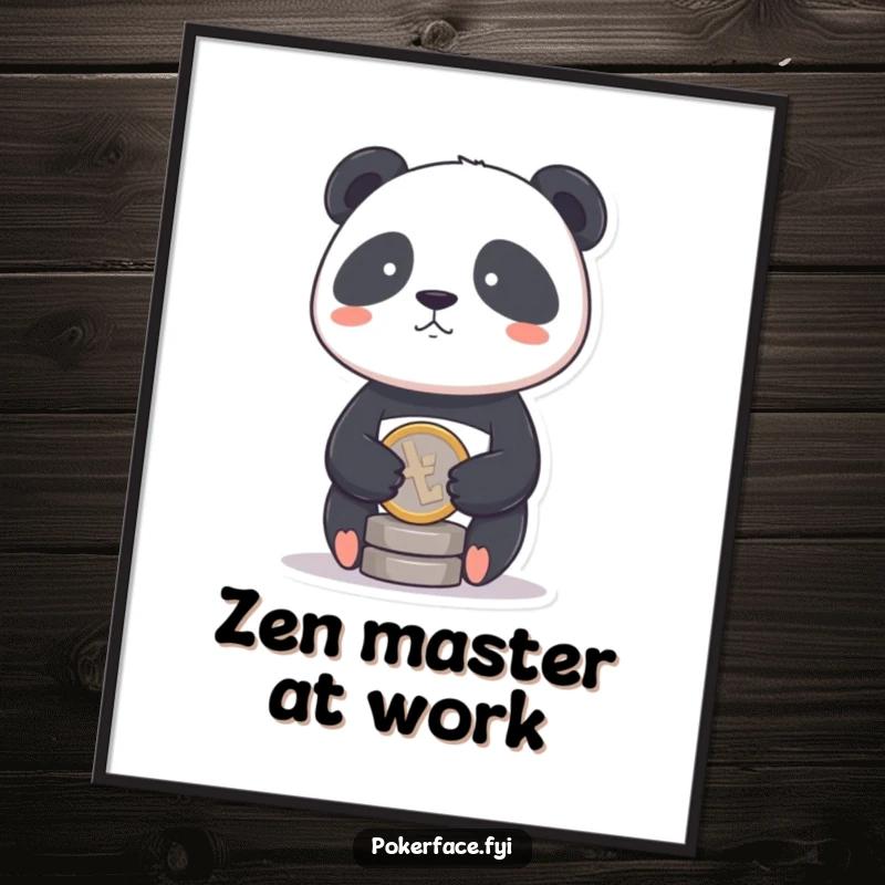 Funny Panda Coin Poster featuring a panda with a stoic face balancing a single coin, representing humorous balance.