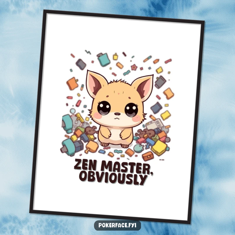 Funny Zen Creature Poster: Wide-eyed creature with a neutral face, remaining calm amidst chaos, a funny and peaceful art piece.