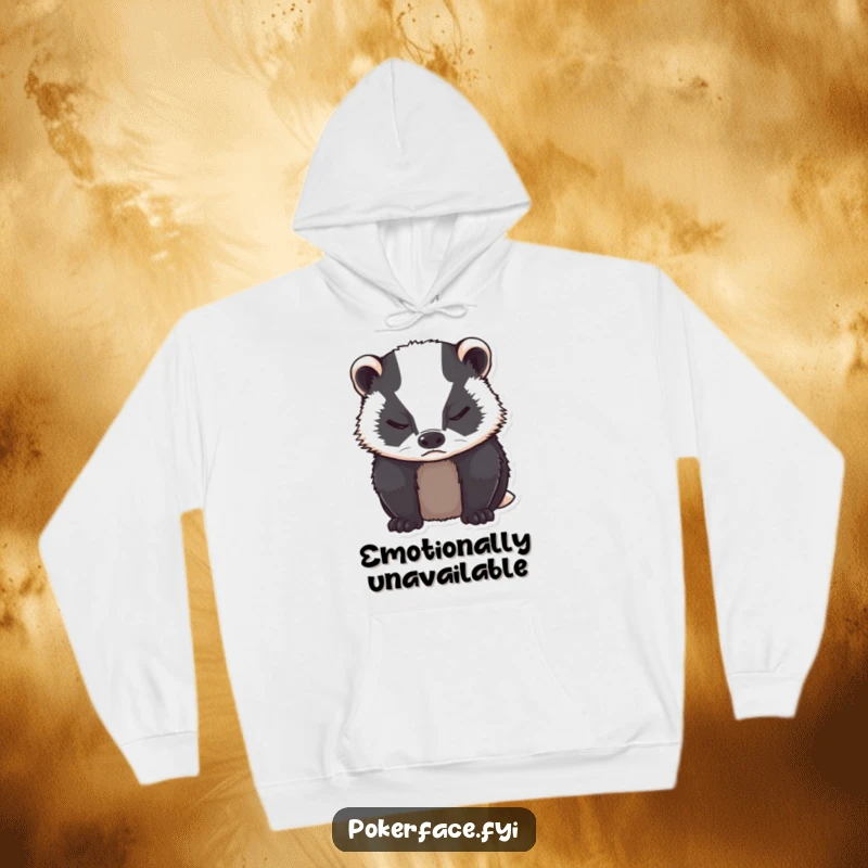 Funny grumpy badger with neutral expression, closed eyes on a hoodie.
