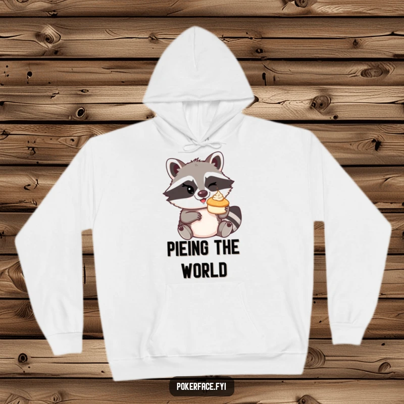 Funny mischievous raccoon winking, about to toss a tiny cream pie on a hoodie.