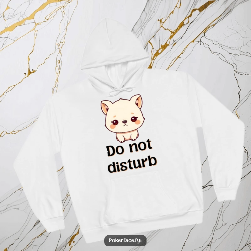 Funny hoodie featuring a small animal character with an unblinking, blank stare, capturing a mood of hilarious introspection.