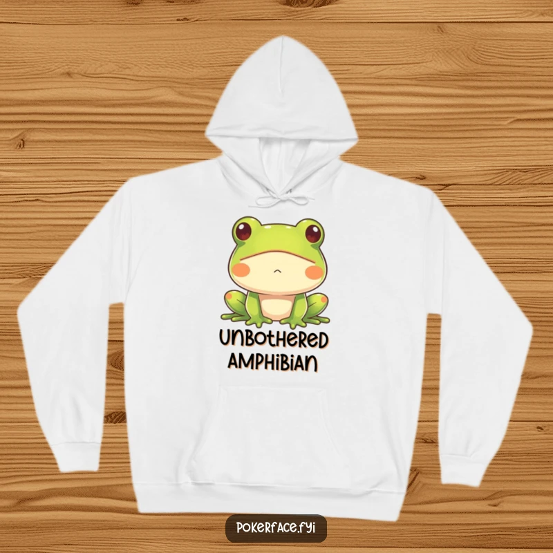 Funny Frog Hoodie featuring an impassive frog, offering cozy warmth and hilarious deadpan expression, making it a fantastic gift for humor enthusiasts.