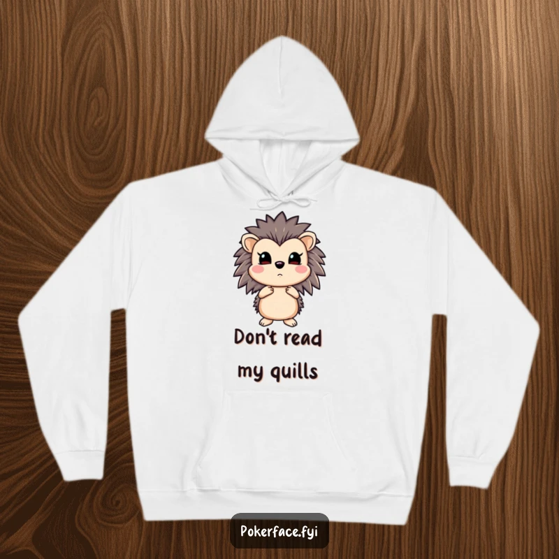 Funny hedgehog hoodie featuring a poker master hedgehog with a straight flush and a completely blank expression.