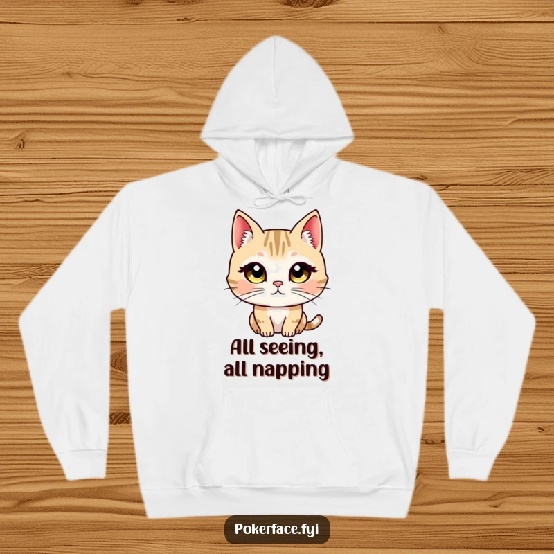 Funny hoodie design of a cat character with wide, unblinking eyes maintaining a direct, unwavering, and intense stare.