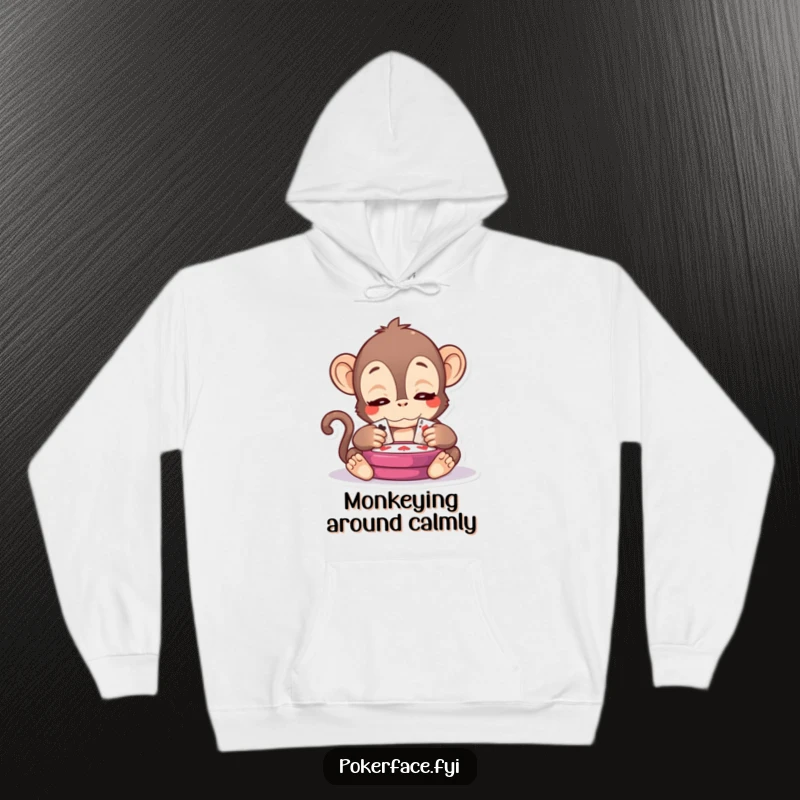 Funny Kawaii Monkey Hoodie: A soft hoodie featuring a kawaii monkey with serene eyes observing a card game, offering cozy and thoughtful vibes.