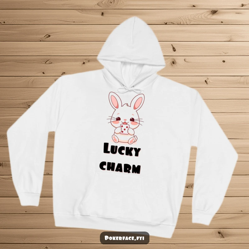 Funny hoodie featuring a happy rabbit with straight whiskers, holding a single die, offering warmth and playful charm.