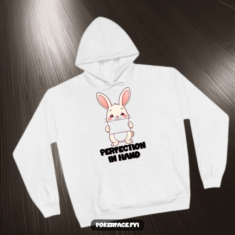 Funny Hoodie: Serene rabbit calmly showing a card with perfect symmetry, a cozy and funny gift.