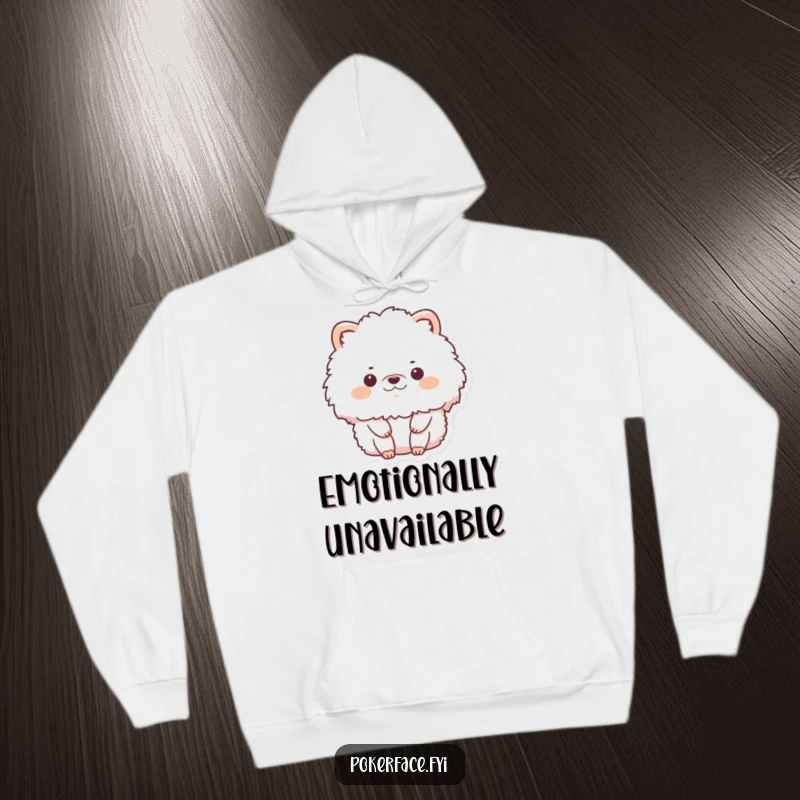 Funny hoodie with a fluffy animal character in a state of complete stillness and no emotion, offering cozy, humorous serenity.