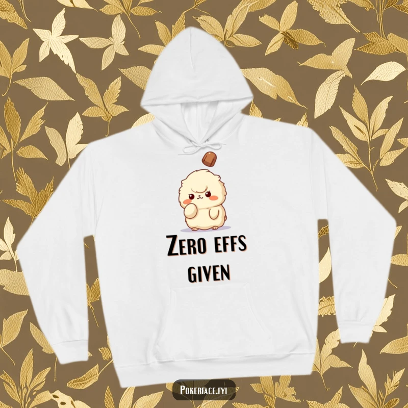 Funny Unbothered Creature Hoodie: Fluffy creature calmly raising a finger, unbothered by falling object, perfect for cozy, funny moments.