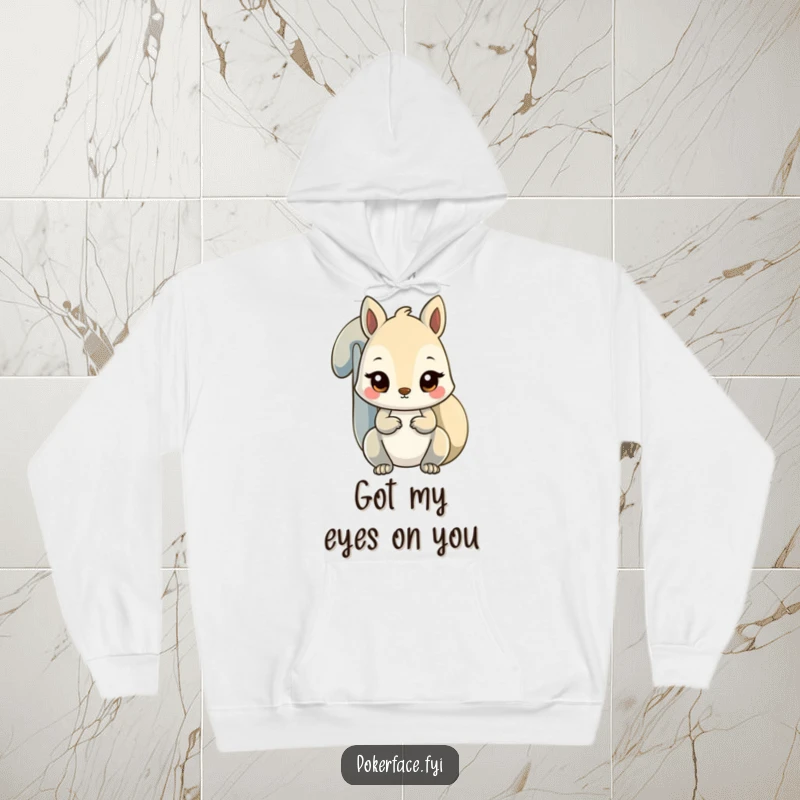 Funny unfazed squirrel hoodie with a squirrel character maintaining a steady stare, perfect for comfort.
