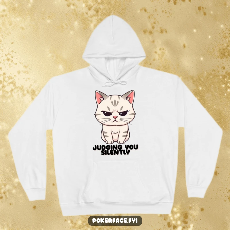 Funny Hoodie featuring a stoic cat character with a perfectly unreadable expression, offering cozy, humorous mystery.