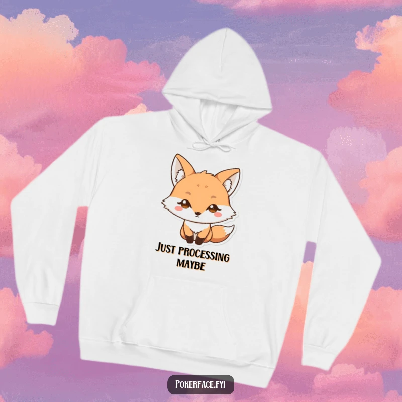 Funny Hoodie: Fox character with a blank stare and wide eyes, providing warmth and a humorous display of surprised or bewildered expression.