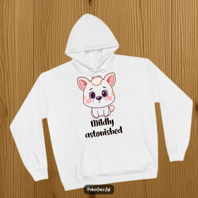 Funny surprised animal hoodie featuring a pet with wide, shocked eyes and a straight mouth, exuding humorous disbelief.