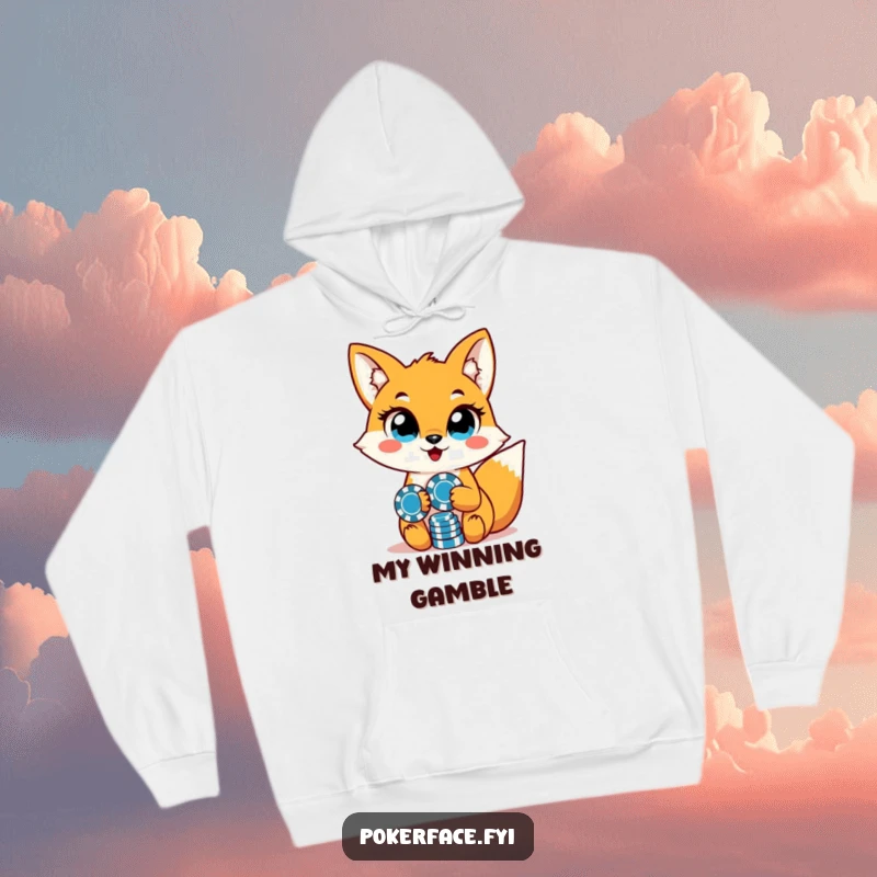 Funny, cozy fox character with unwavering eyes, holding poker chips, on a hoodie for game nights.